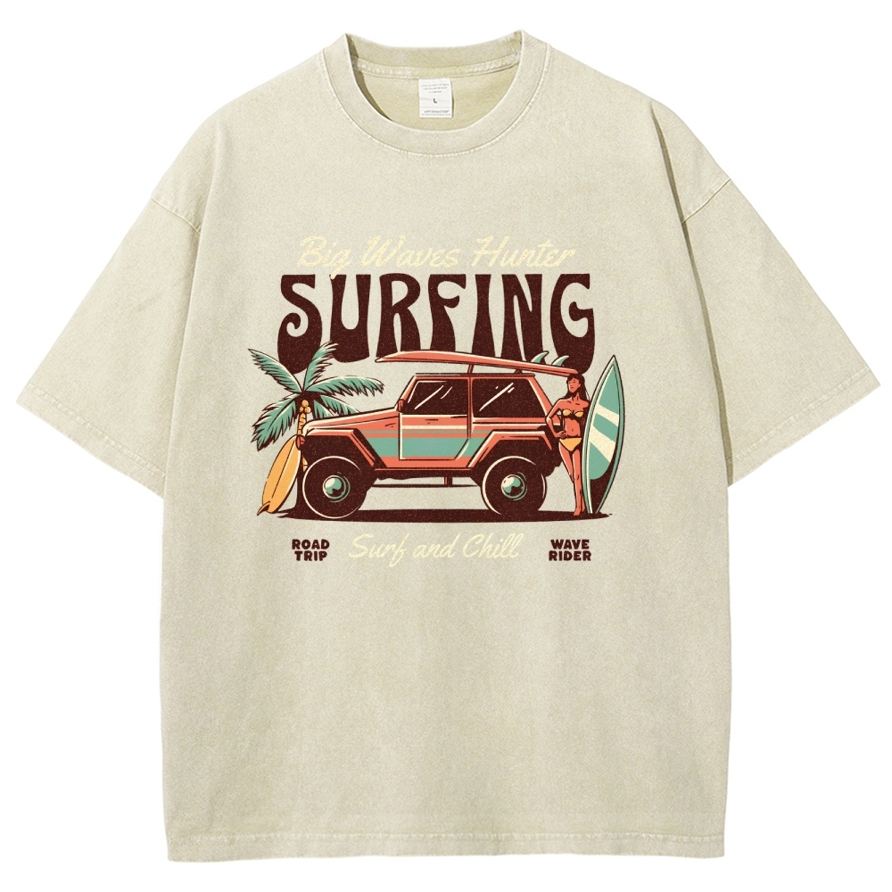 Washed T-Shirt | Surfing Adventure Unisex Fit Waves Hunter | TIDESENCE