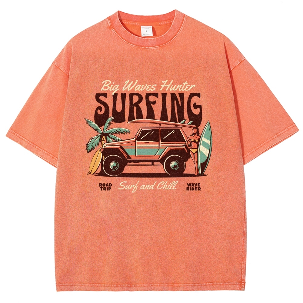 Washed T-Shirt | Surfing Adventure Unisex Fit Waves Hunter | TIDESENCE