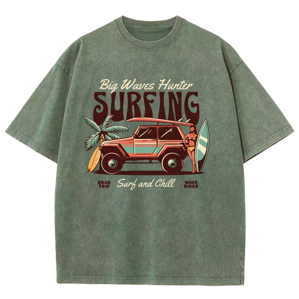 Washed T-Shirt | Surfing Adventure Unisex Fit Waves Hunter | TIDESENCE