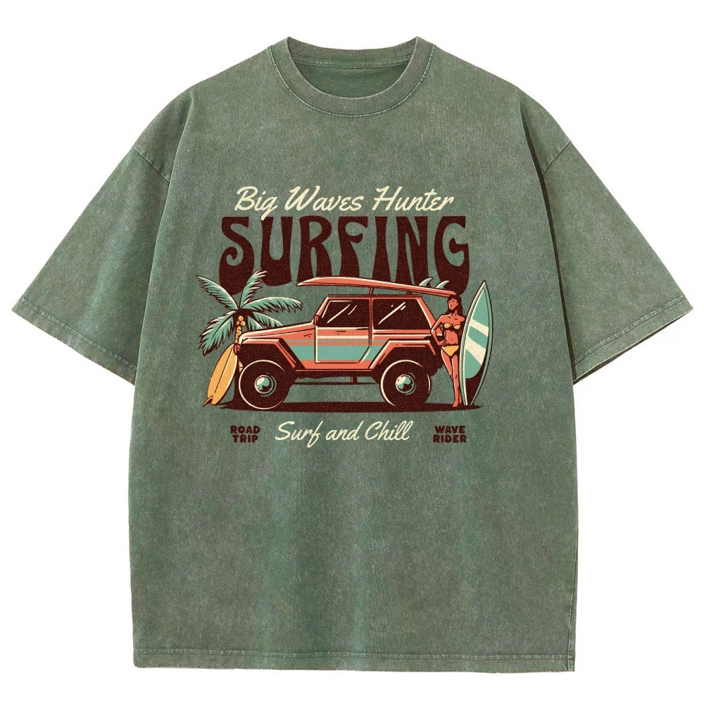 Washed T-Shirt | Surfing Adventure Unisex Fit Waves Hunter | TIDESENCE