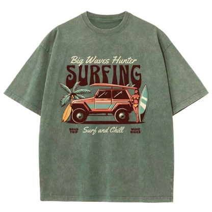 Washed T-Shirt | Surfing Adventure Unisex Fit Waves Hunter | TIDESENCE