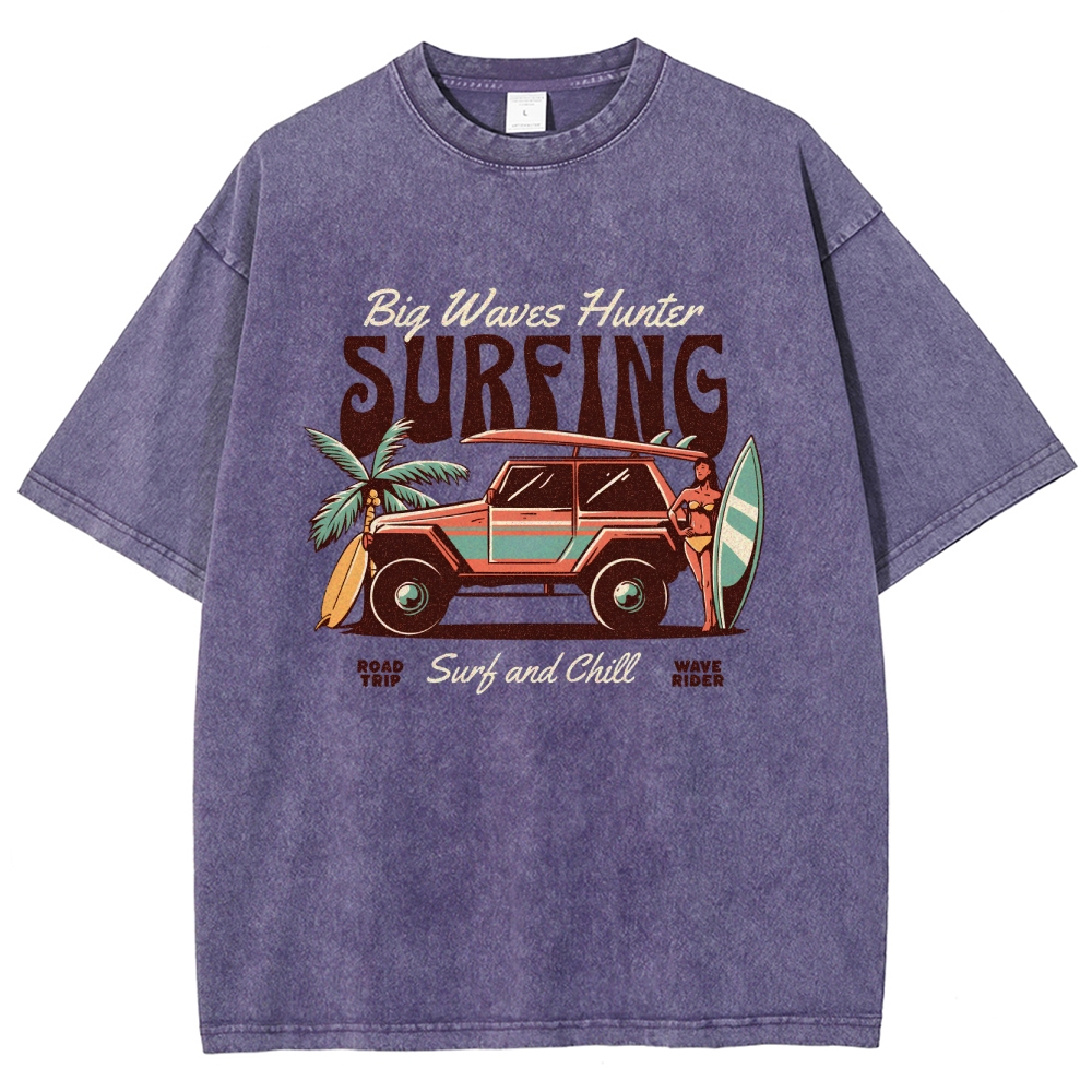 Washed T-Shirt | Surfing Adventure Unisex Fit Waves Hunter | TIDESENCE