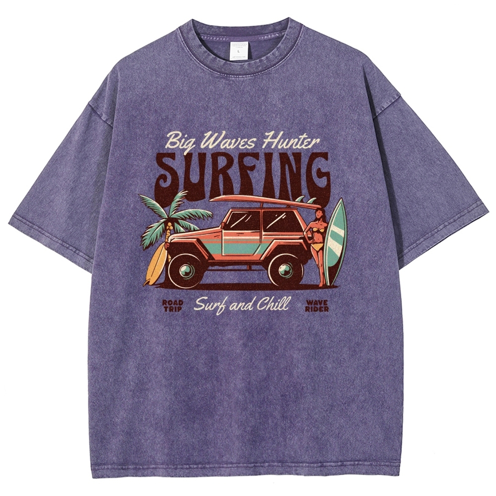 Washed T-Shirt | Surfing Adventure Unisex Fit Waves Hunter | TIDESENCE