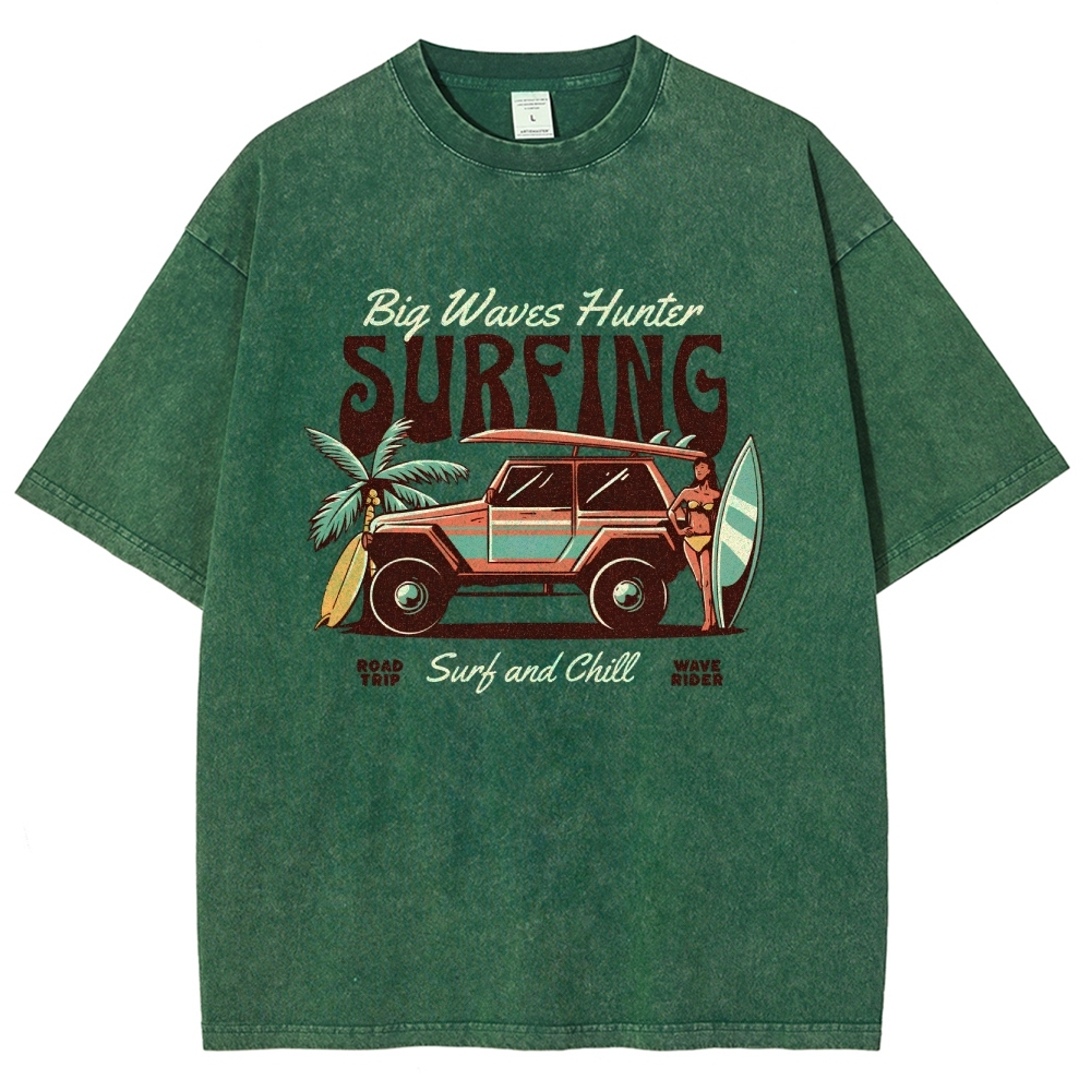 Washed T-Shirt | Surfing Adventure Unisex Fit Waves Hunter | TIDESENCE