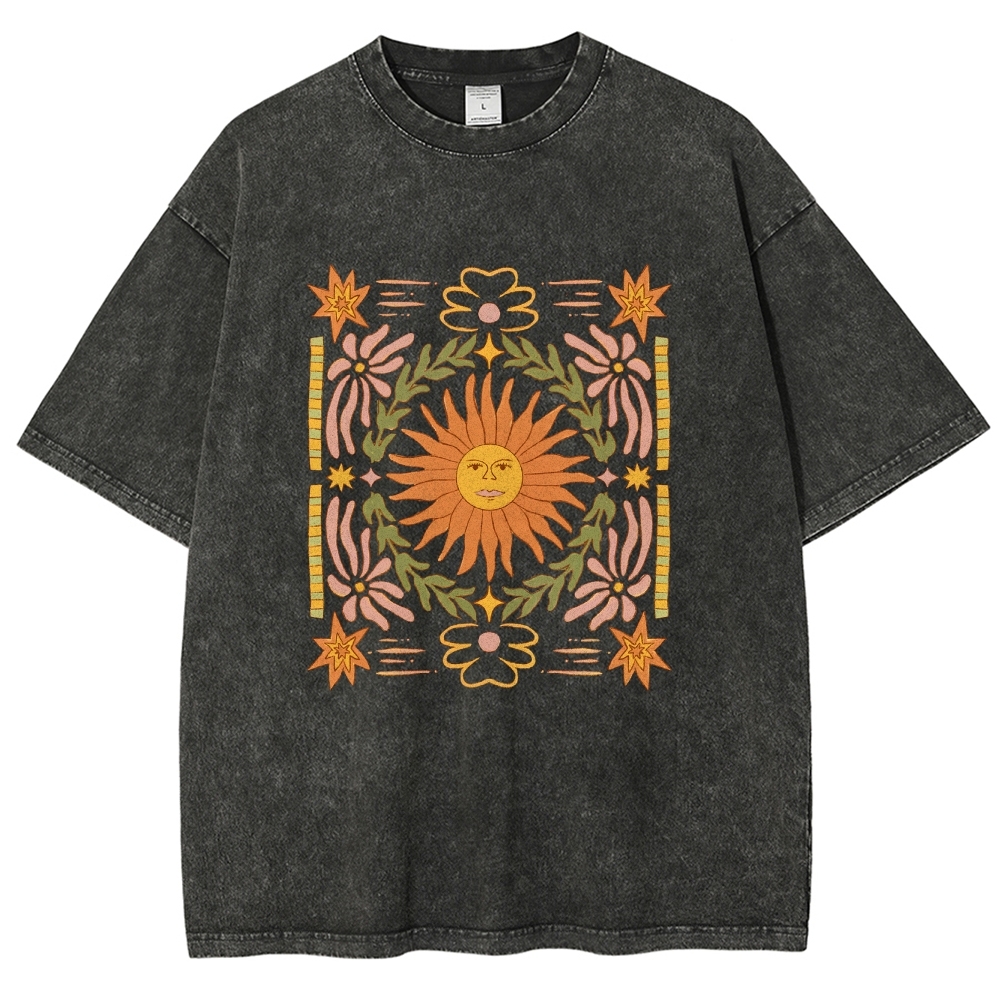 Washed T-Shirt | Unisex Fit Hippie Sun Graphic Tee | TIDESENCE