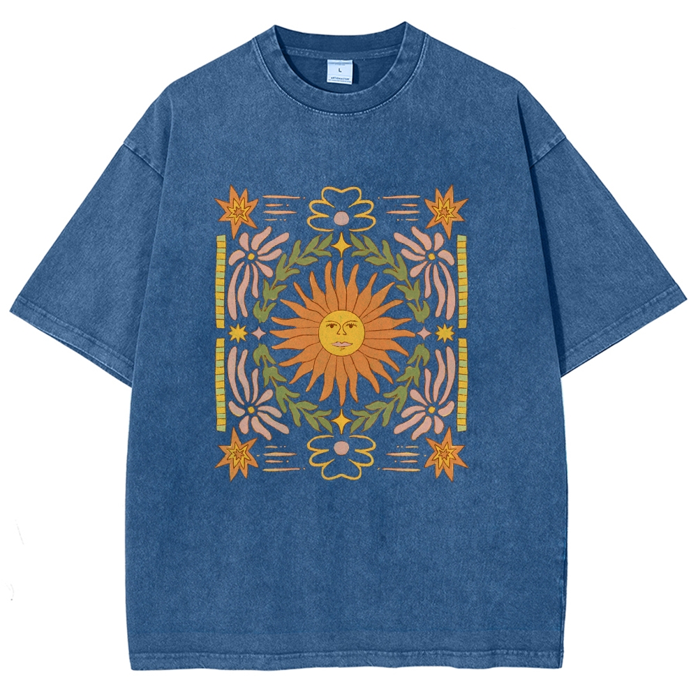 Washed T-Shirt | Unisex Fit Hippie Sun Graphic Tee | TIDESENCE
