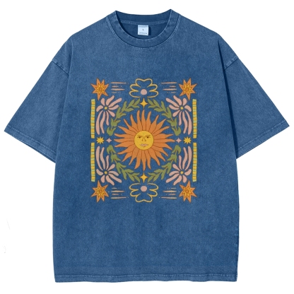 Washed T-Shirt | Unisex Fit Hippie Sun Graphic Tee | TIDESENCE