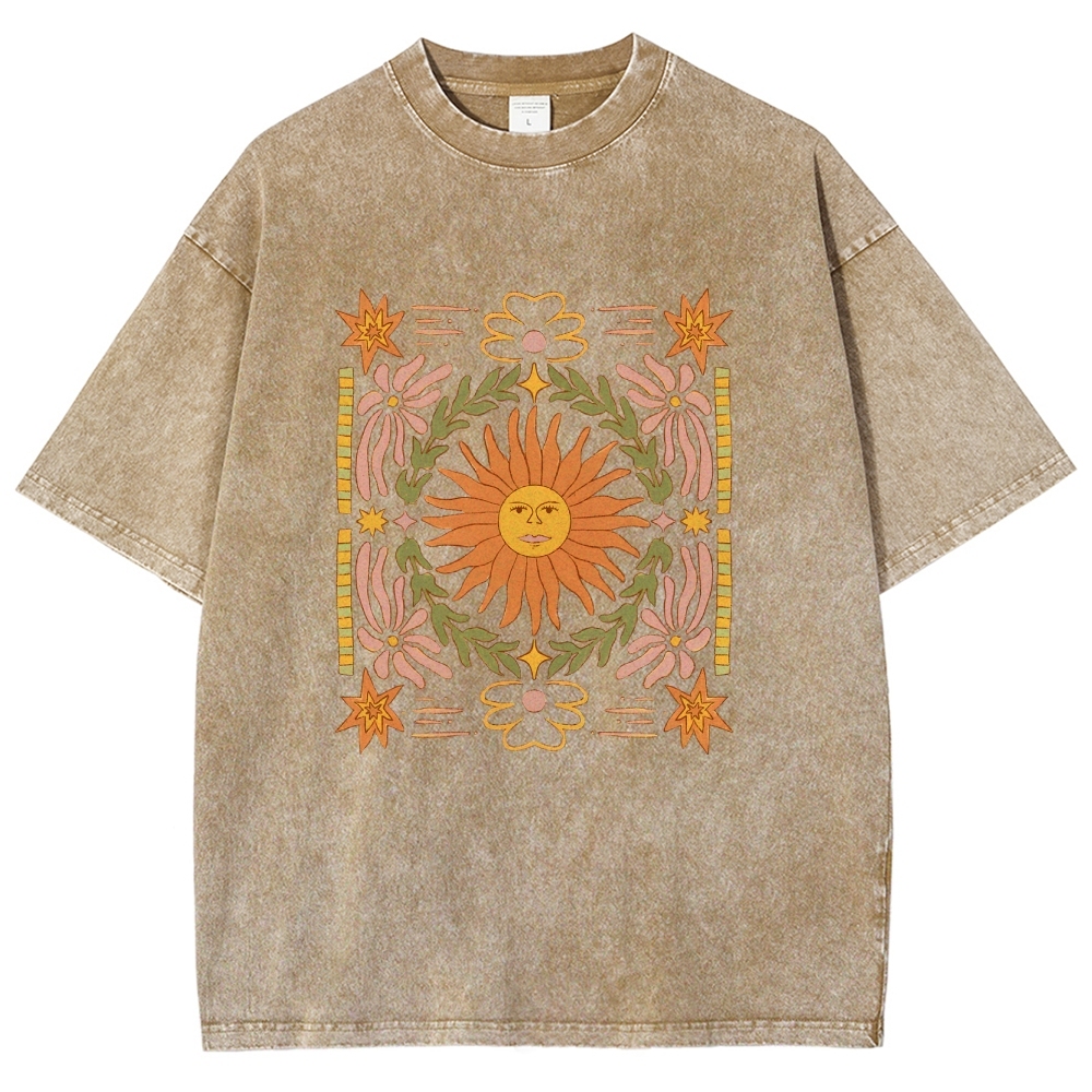Washed T-Shirt | Unisex Fit Hippie Sun Graphic Tee | TIDESENCE