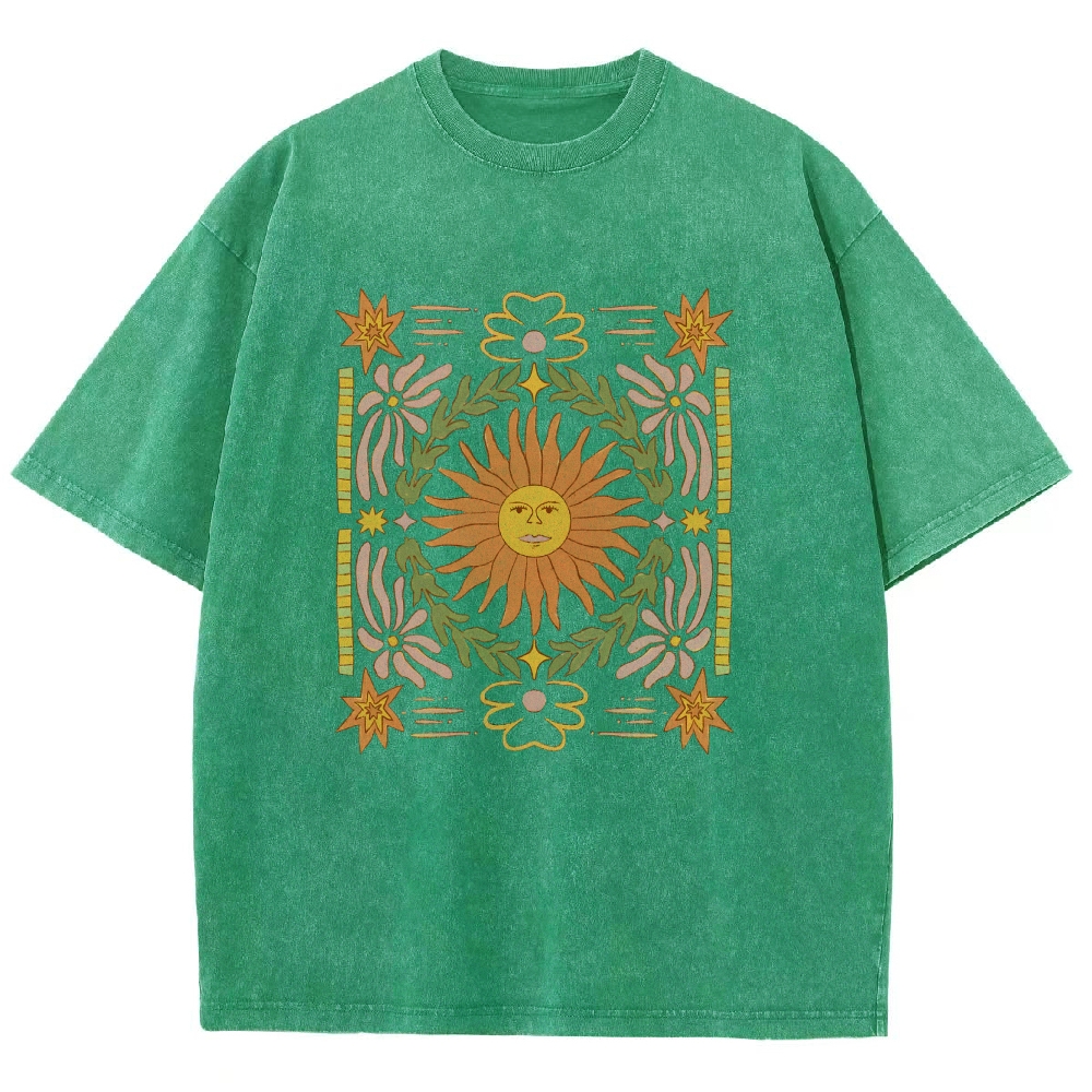 Washed T-Shirt | Unisex Fit Hippie Sun Graphic Tee | TIDESENCE