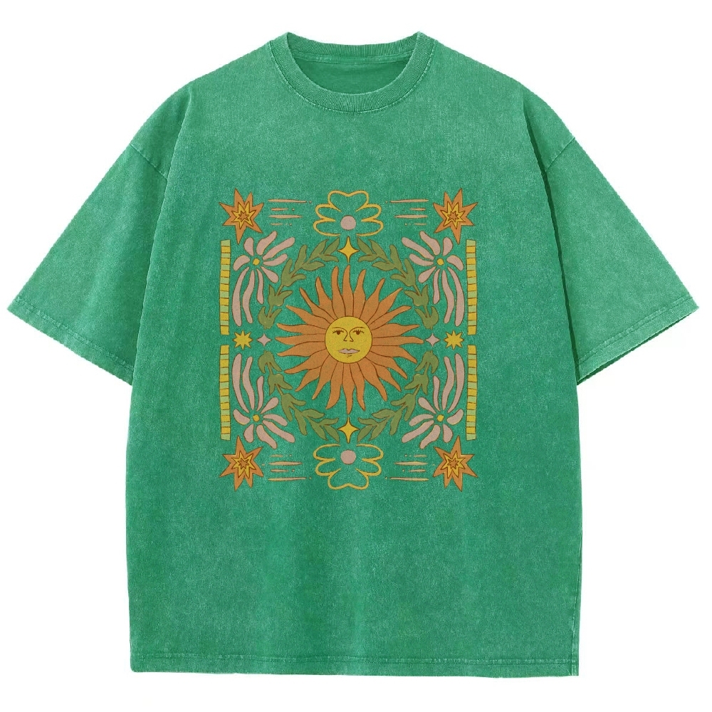 Washed T-Shirt | Unisex Fit Hippie Sun Graphic Tee | TIDESENCE