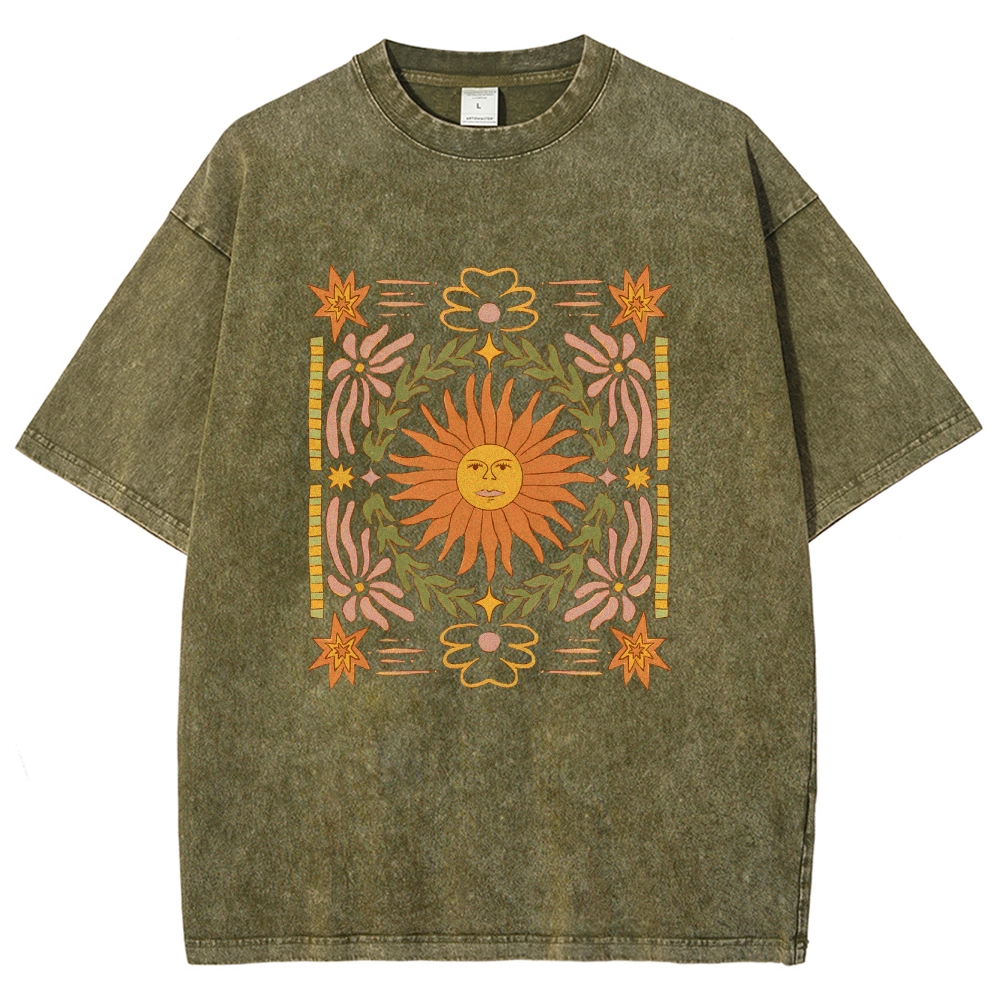 Washed T-Shirt | Unisex Fit Hippie Sun Graphic Tee | TIDESENCE