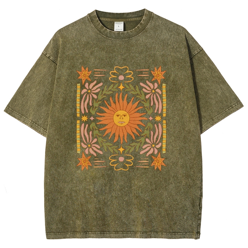 Washed T-Shirt | Unisex Fit Hippie Sun Graphic Tee | TIDESENCE