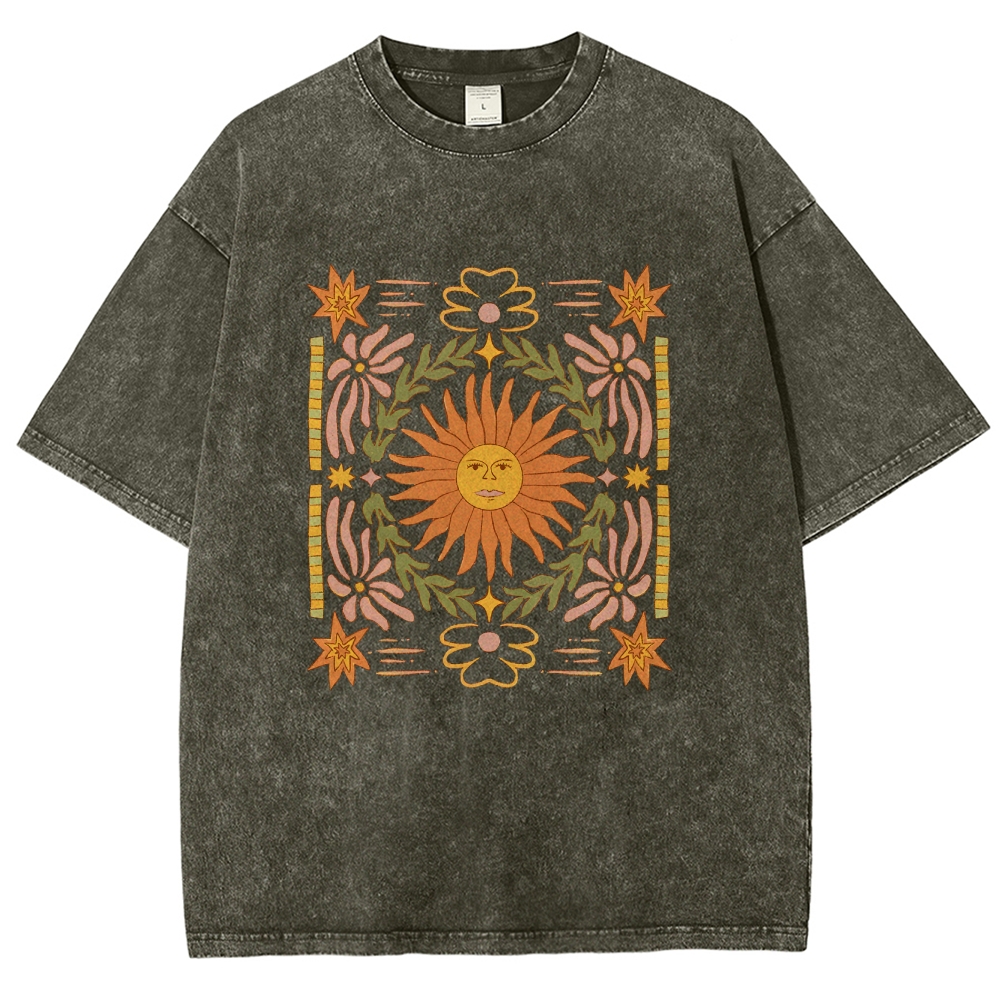 Washed T-Shirt | Unisex Fit Hippie Sun Graphic Tee | TIDESENCE