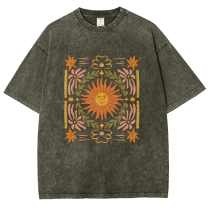 Washed T-Shirt | Unisex Fit Hippie Sun Graphic Tee | TIDESENCE