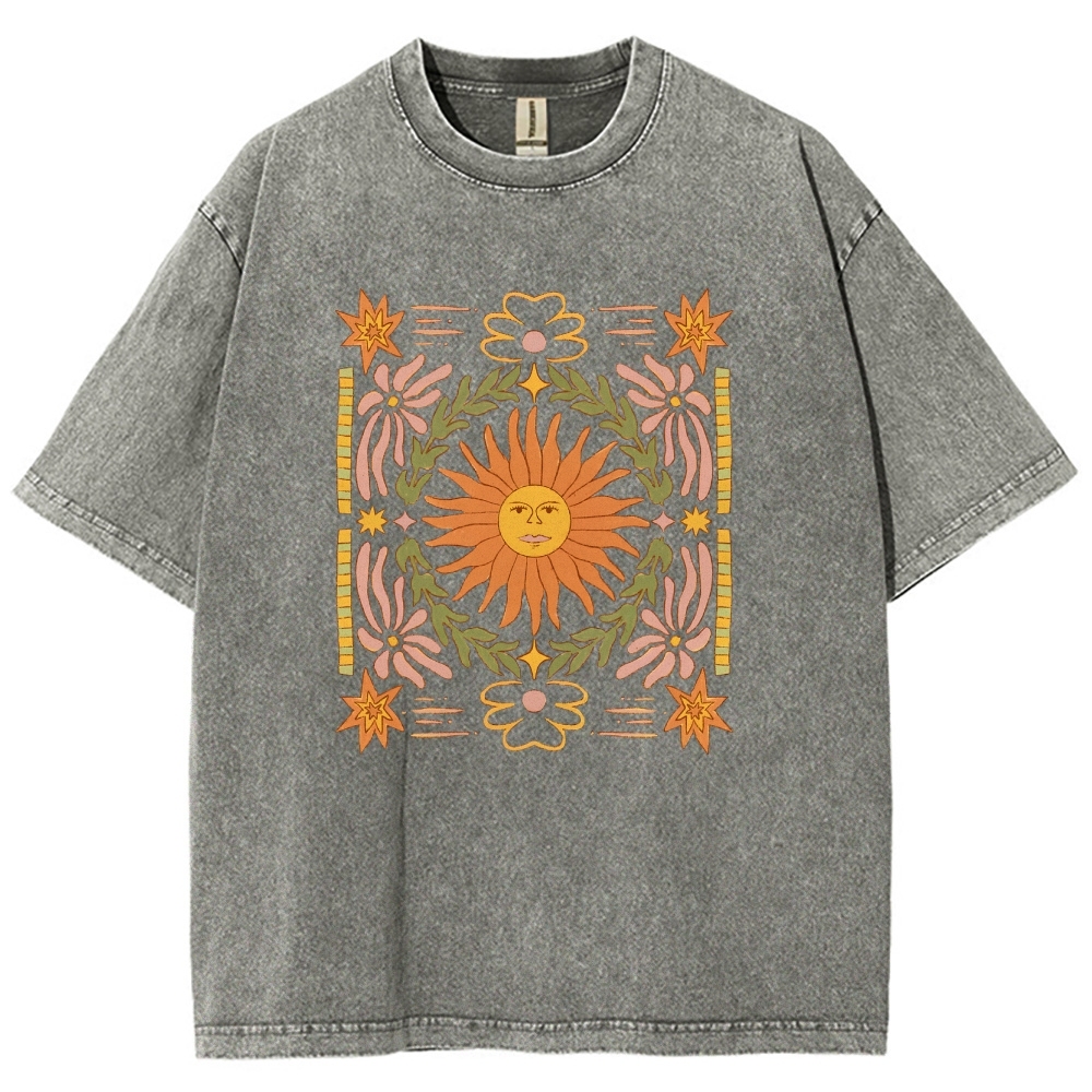 Washed T-Shirt | Unisex Fit Hippie Sun Graphic Tee | TIDESENCE
