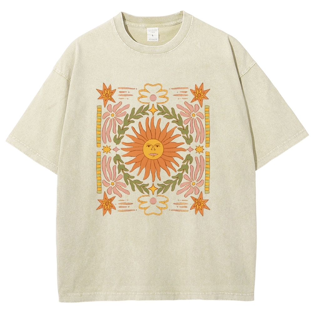Washed T-Shirt | Unisex Fit Hippie Sun Graphic Tee | TIDESENCE
