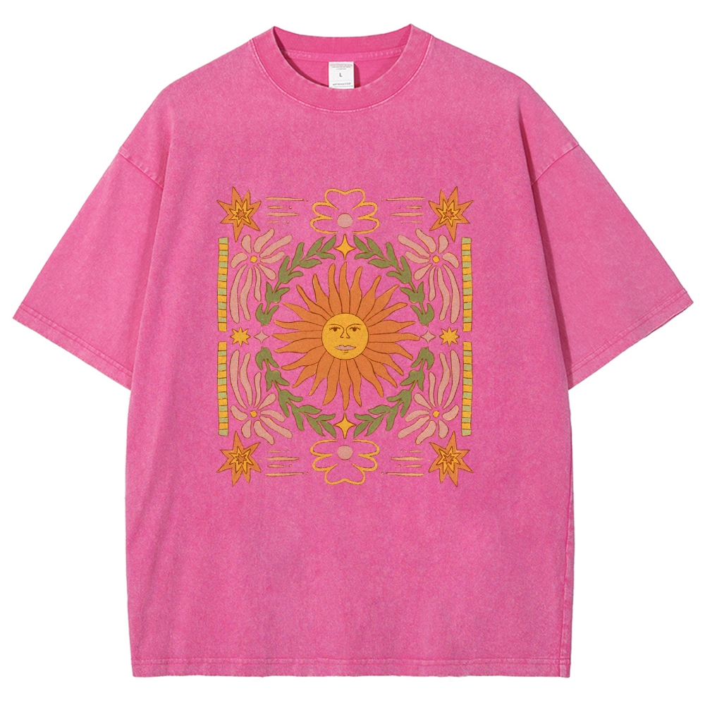 Washed T-Shirt | Unisex Fit Hippie Sun Graphic Tee | TIDESENCE