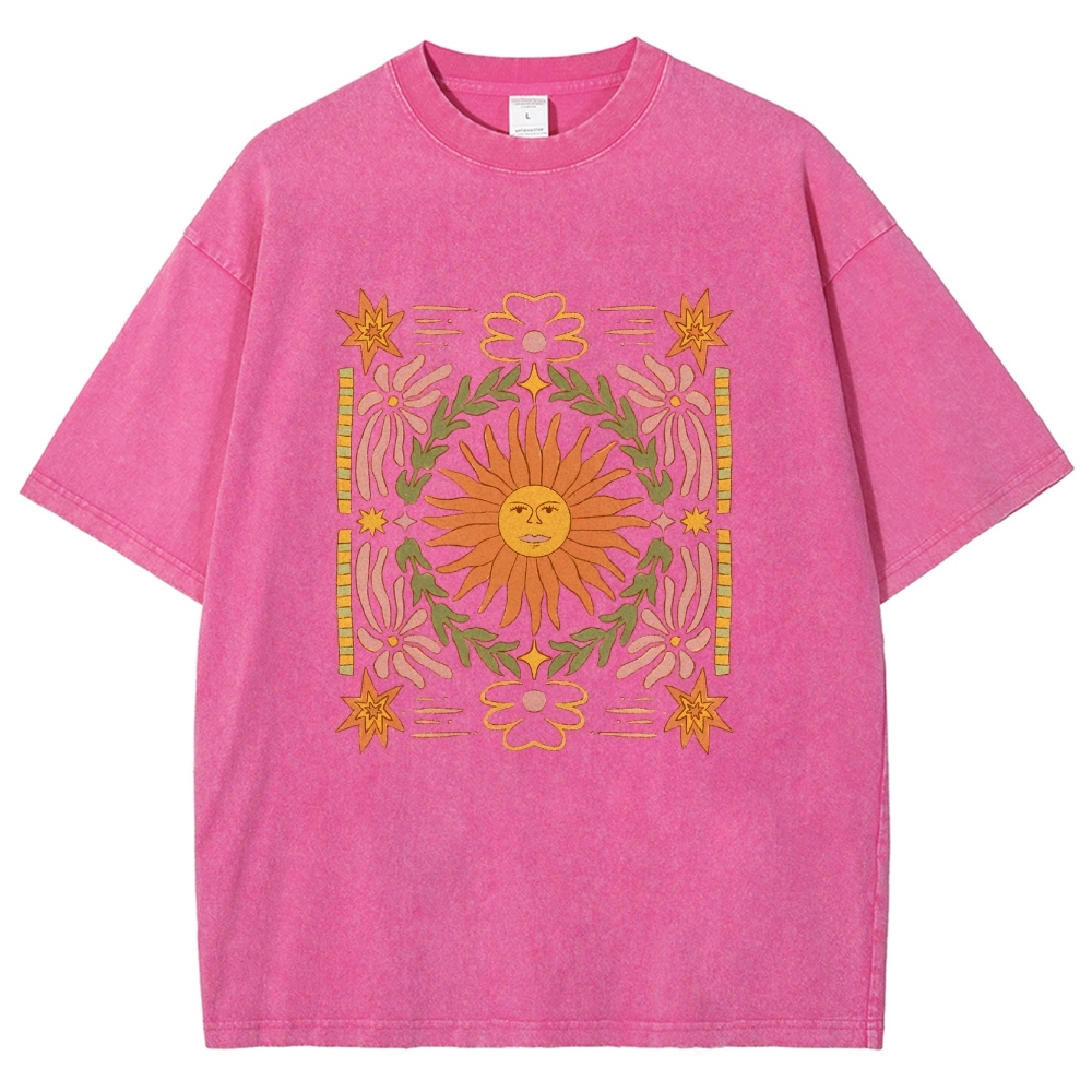 Washed T-Shirt | Unisex Fit Hippie Sun Graphic Tee | TIDESENCE