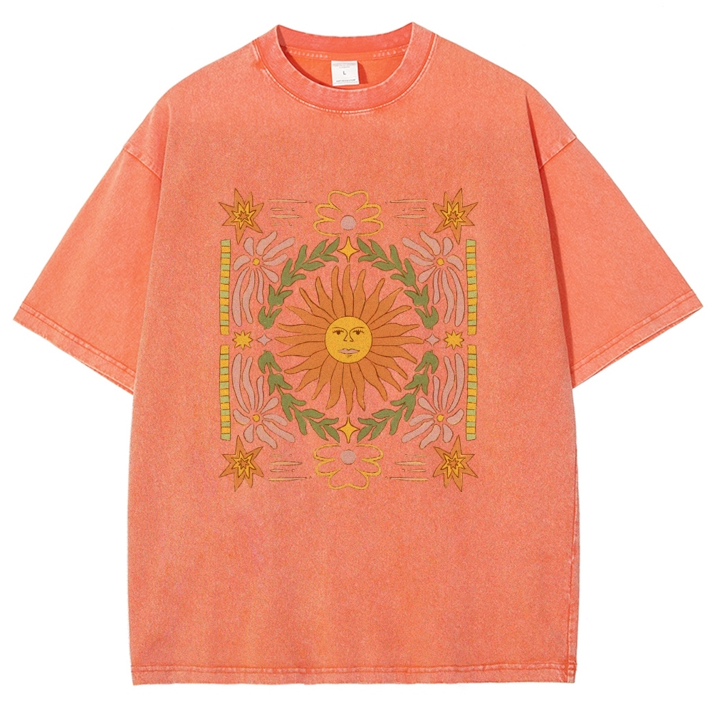 Washed T-Shirt | Unisex Fit Hippie Sun Graphic Tee | TIDESENCE