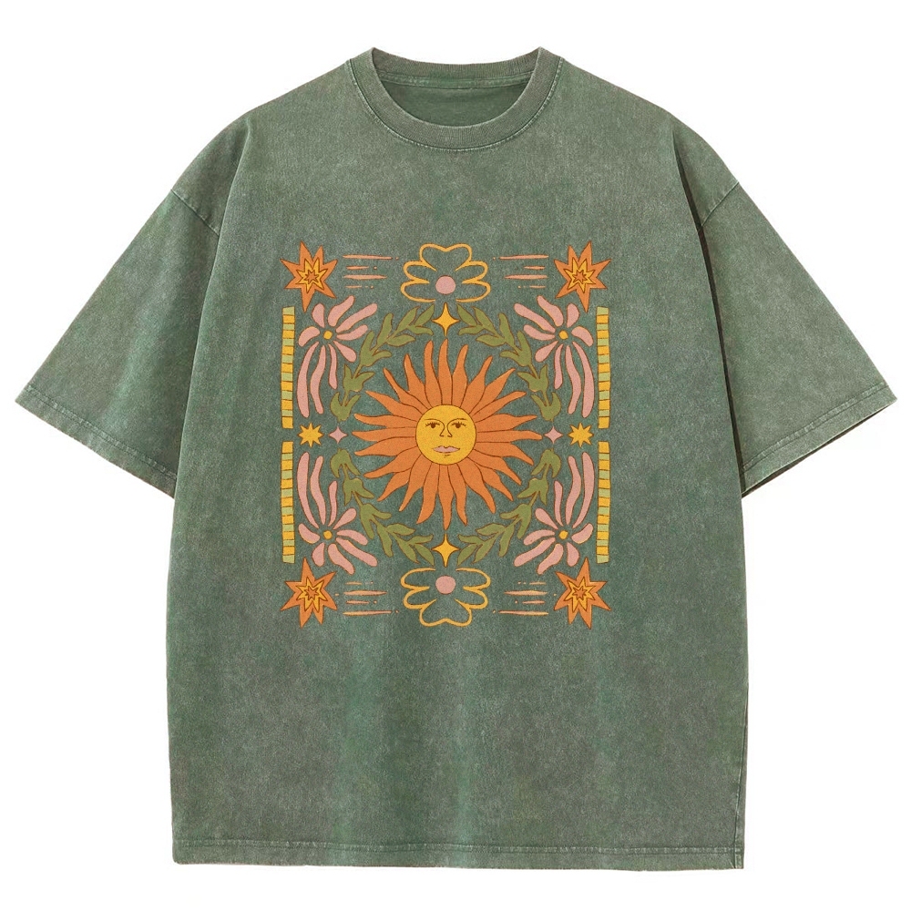 Washed T-Shirt | Unisex Fit Hippie Sun Graphic Tee | TIDESENCE
