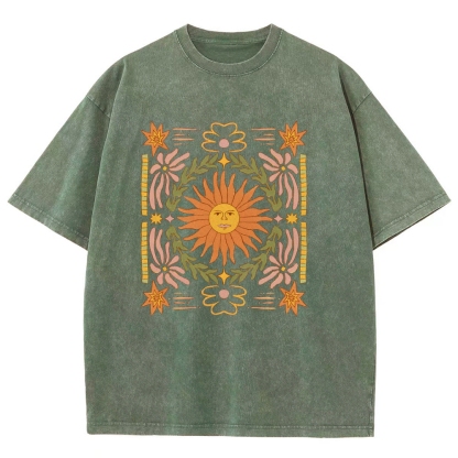 Washed T-Shirt | Unisex Fit Hippie Sun Graphic Tee | TIDESENCE