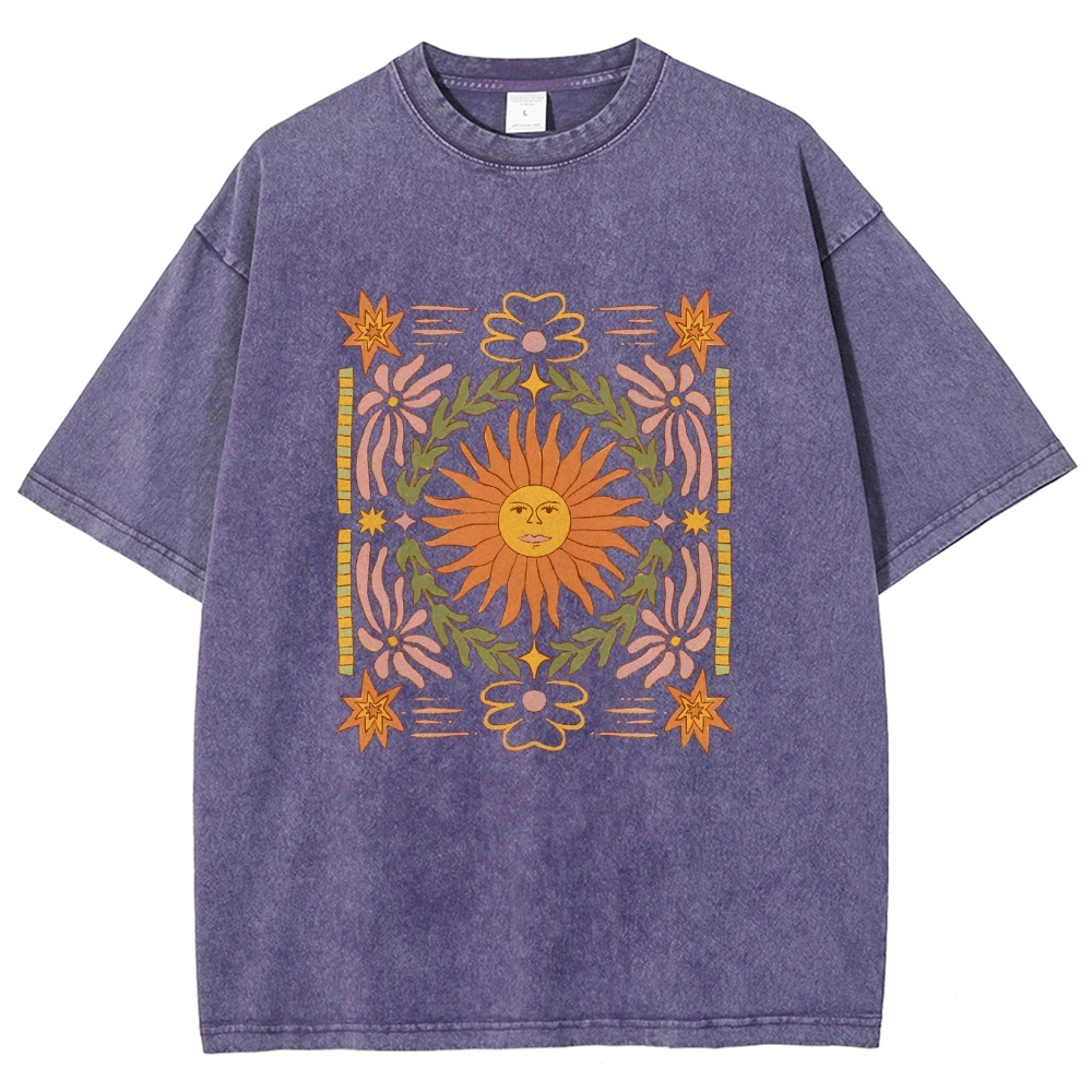 Washed T-Shirt | Unisex Fit Hippie Sun Graphic Tee | TIDESENCE