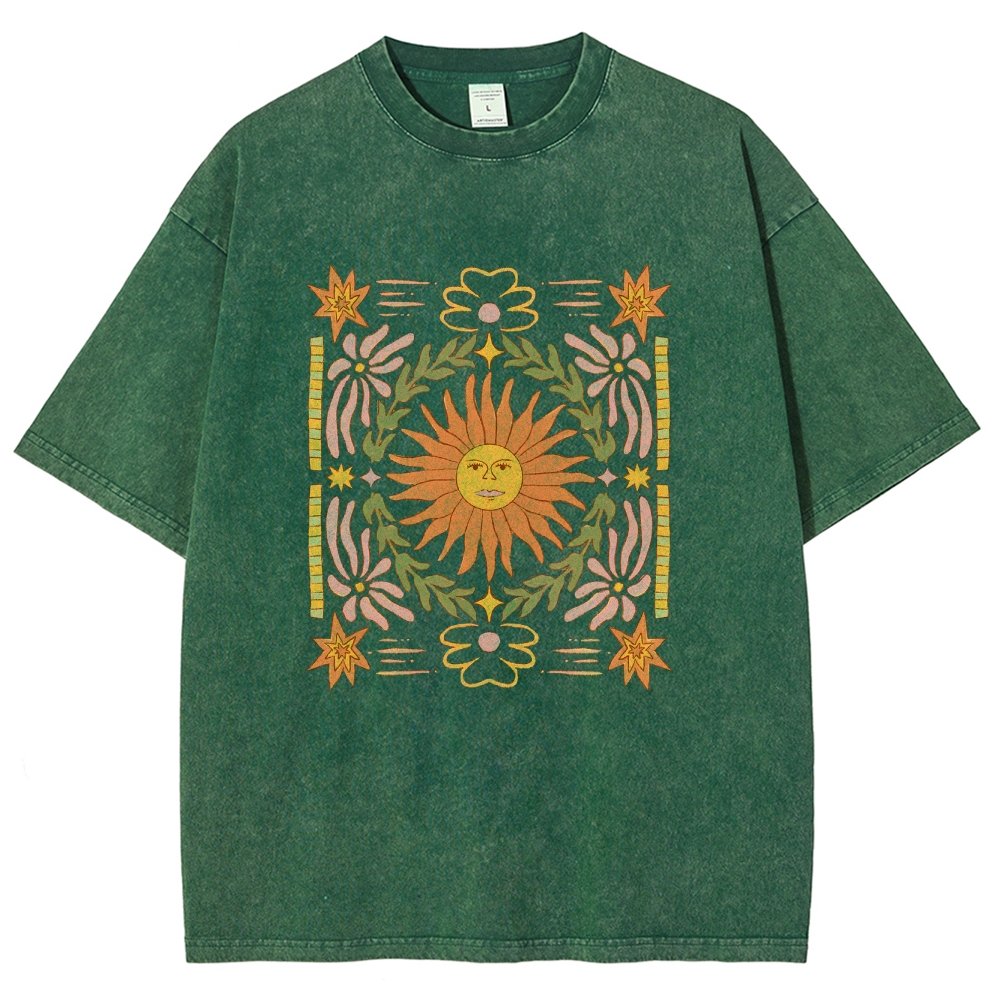 Washed T-Shirt | Unisex Fit Hippie Sun Graphic Tee | TIDESENCE