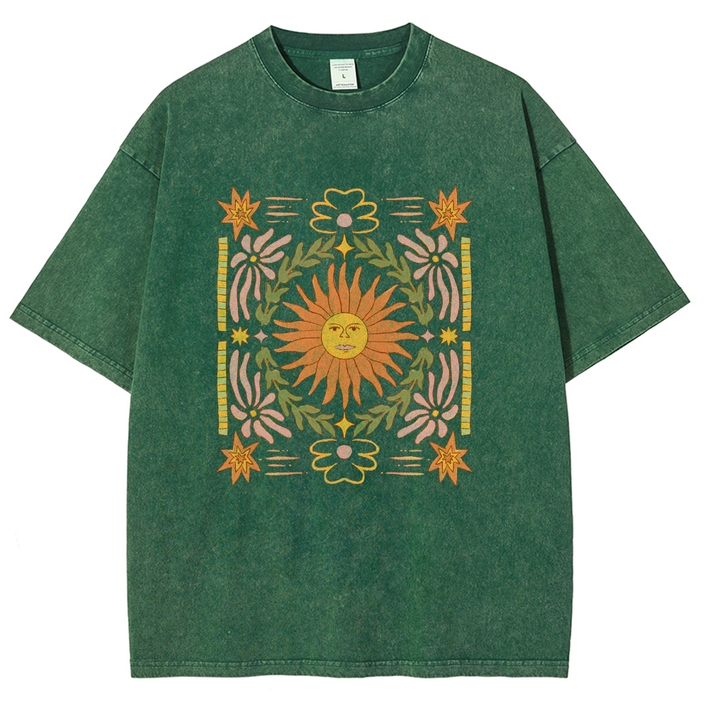 Washed T-Shirt | Unisex Fit Hippie Sun Graphic Tee | TIDESENCE