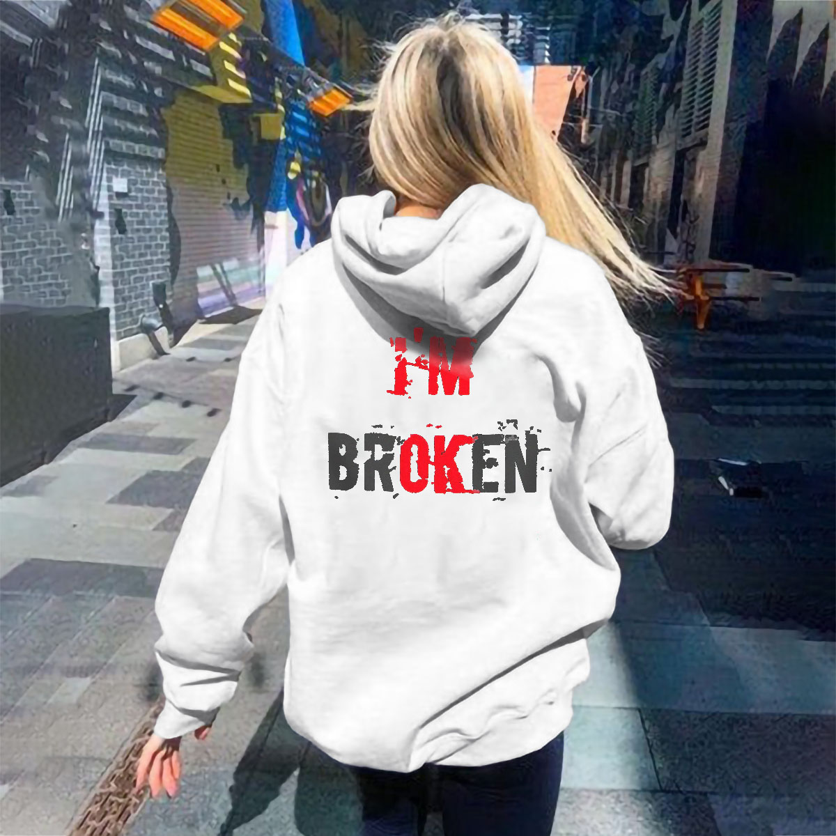 Casual I'm Broken Slogan Printed Hoodie