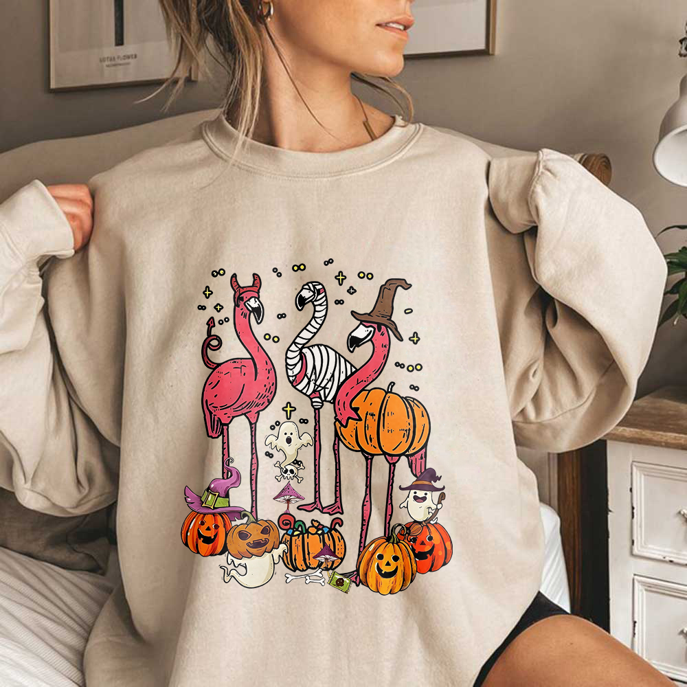 Flamingos And Pumpkins Halloween Sweatshirt