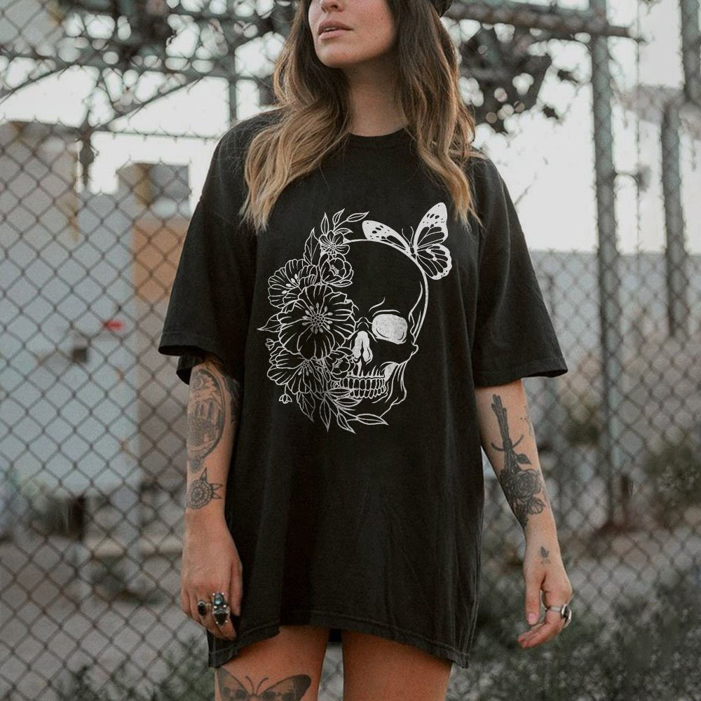 Skeleton And Flower Printed T-shirt
