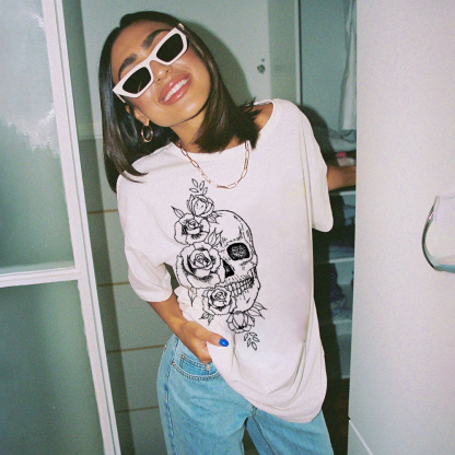 Skeleton And Flower Printed T-shirt