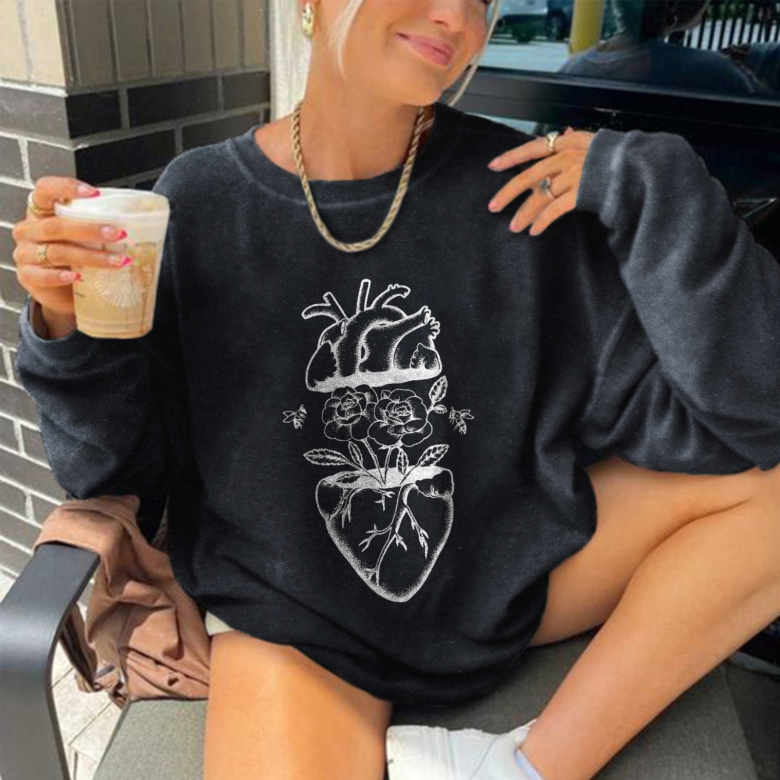 Heart And Flower Printed Sweatshirt