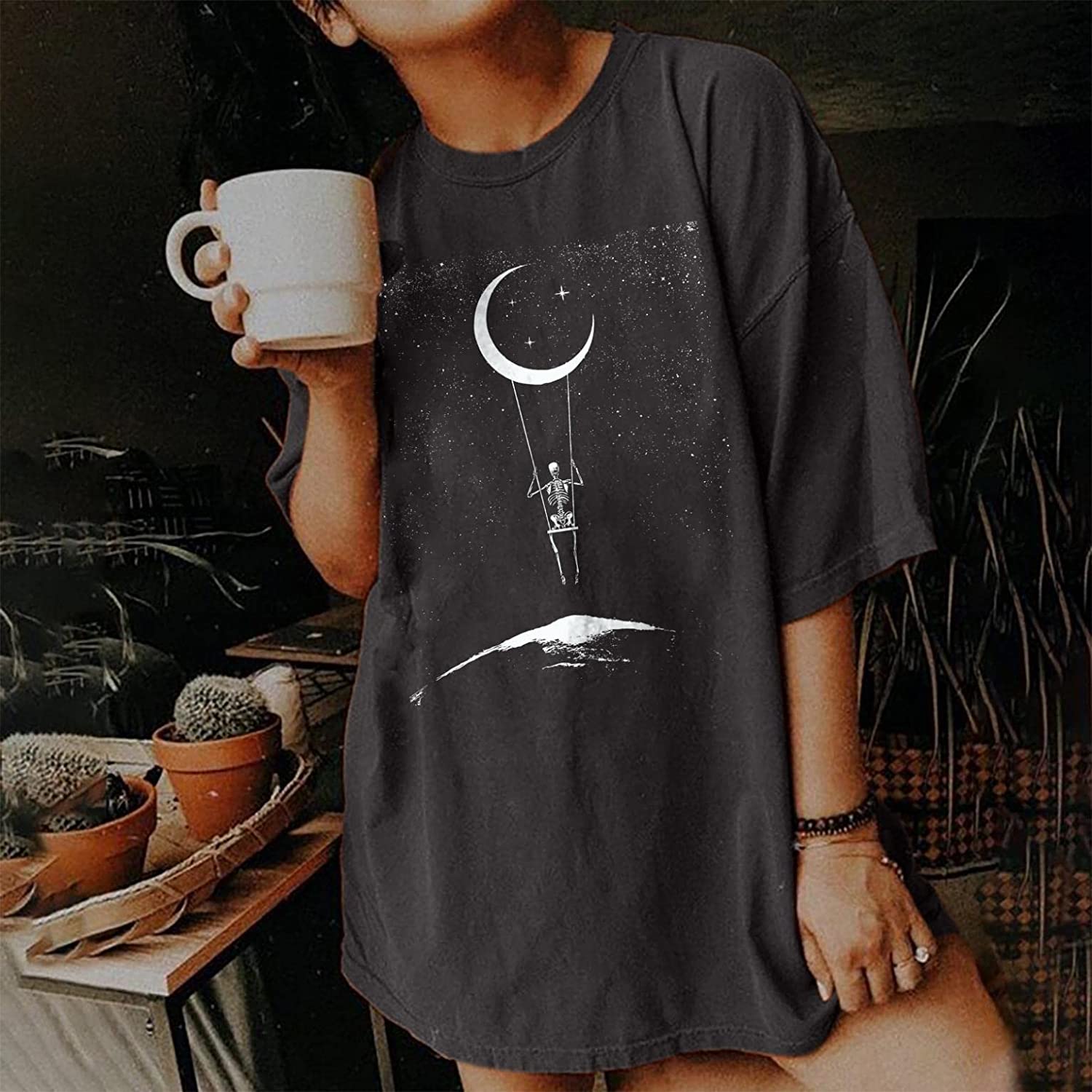 Vintage Casual Moon&Skull Print Loose T-Shirt