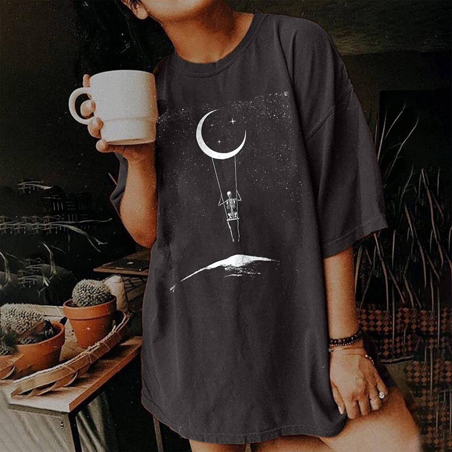 Vintage Casual Moon&Skull Print Loose T-Shirt