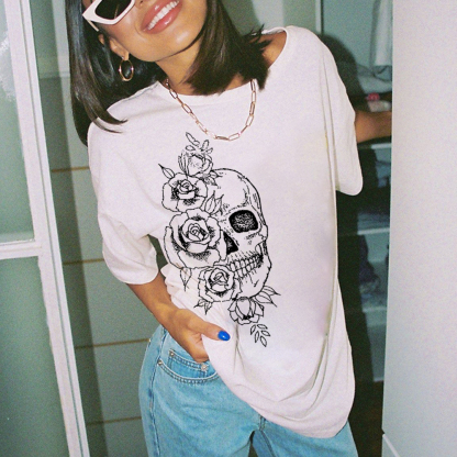 Skeleton And Flower Printed T-shirt
