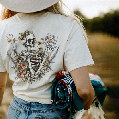 Skeleton And Flower Printed T-shirt