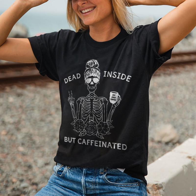 Dead Inside But Caffeinated Victory Gesture Skull T-shirt