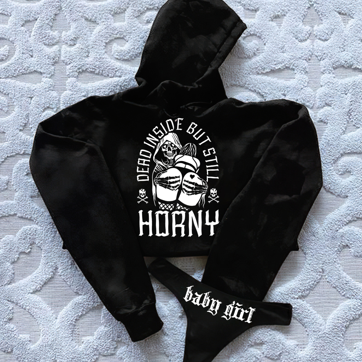 Dead Inside But Still Horny Printed Women's Cropped Hoodie & Thong Set
