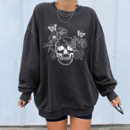 Butterfly And Flower On Skeleton Sweatshirt