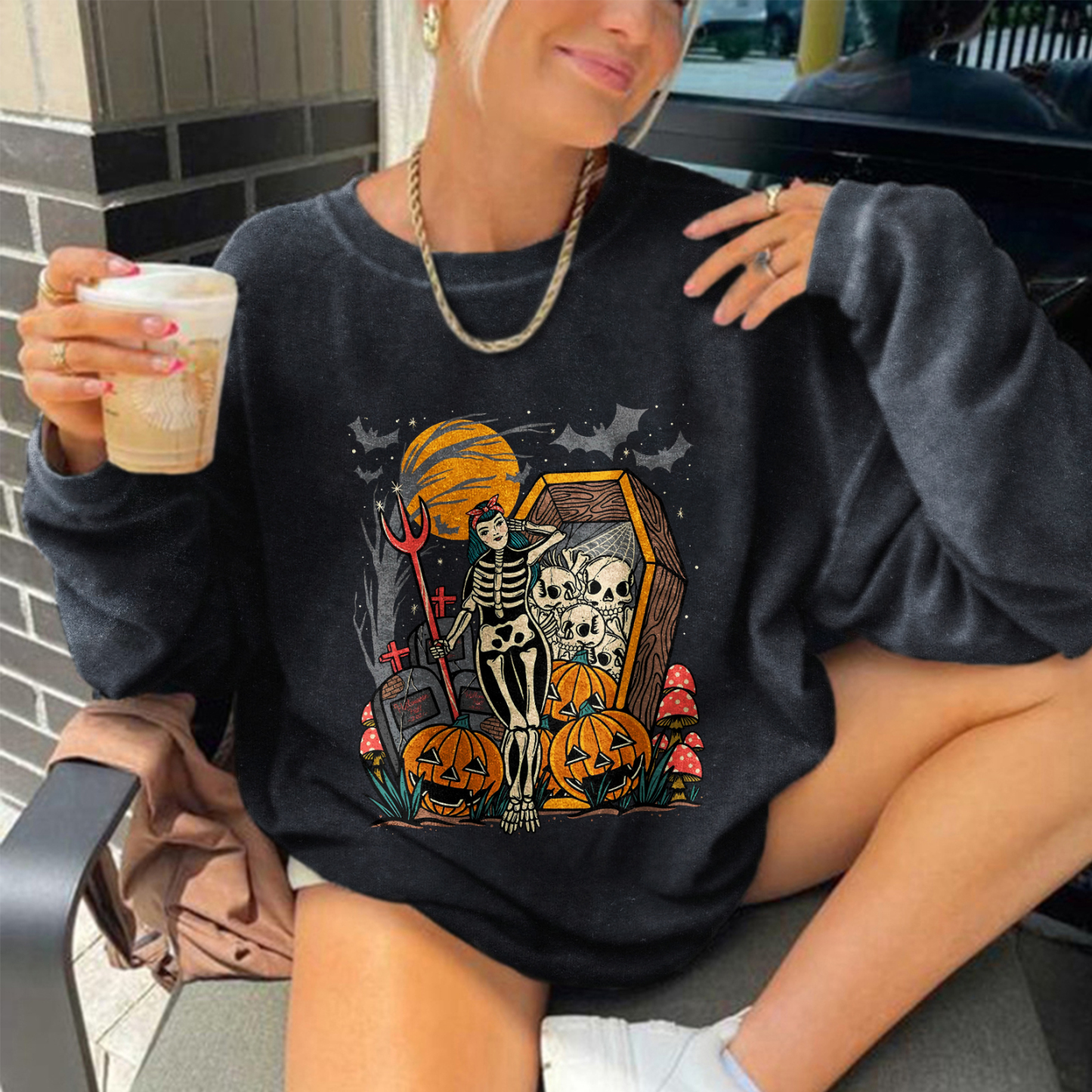 Skeletons And Pumpkins Printed Sweatshirt