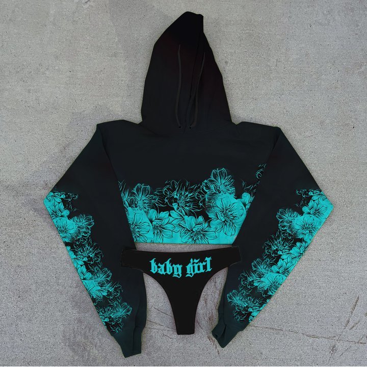 Blue Flowers Baby Girl Printed Hoodie & Thong Sets