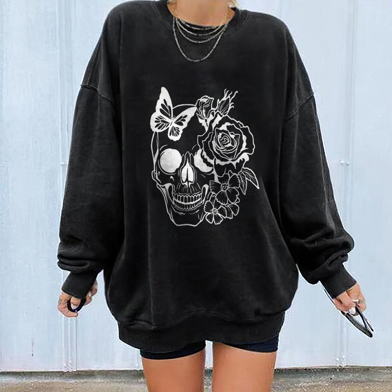 Flower Butterfly Skull Printed Women's Casual Sweatshirt