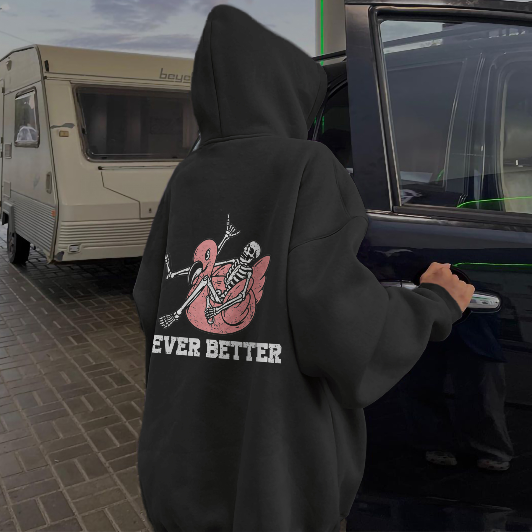 Never Better Skull Print Loose Hoodie