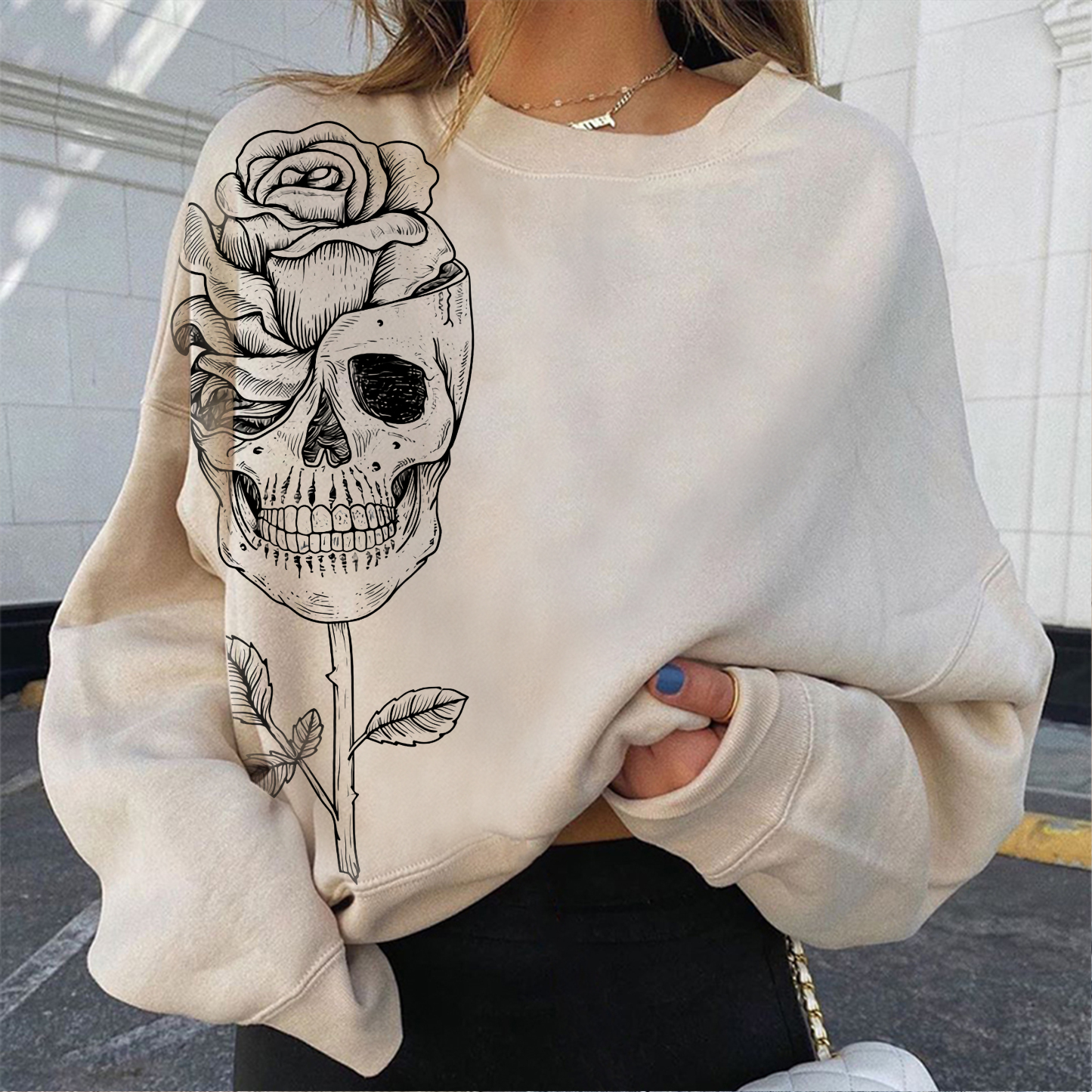 Skull flowerpot rose print sweatshirt
