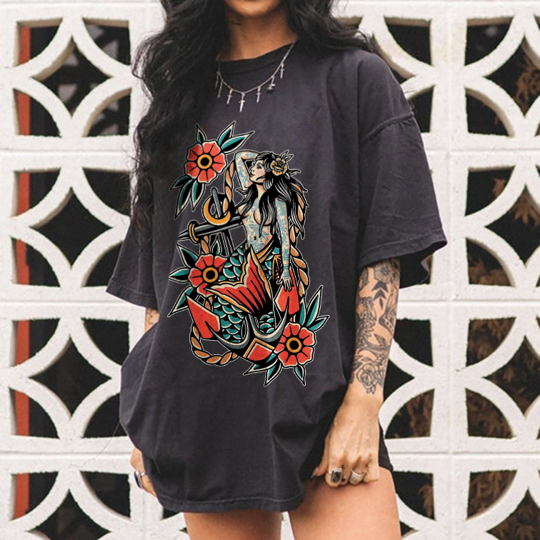 Mermaid And Flower Printed T-shirt