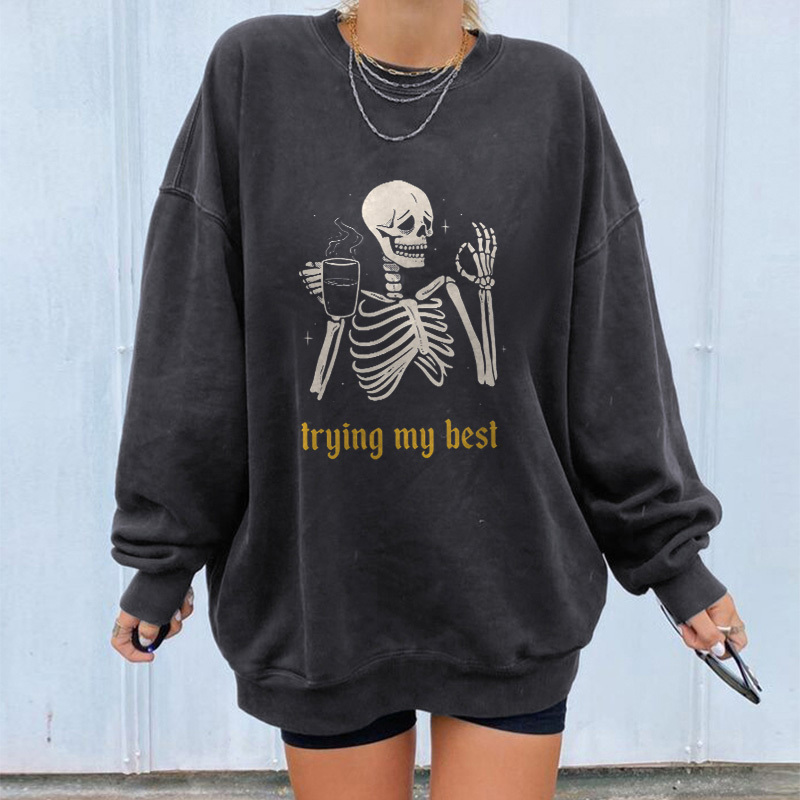 Trying My Best Skull Print Women's Cozy Loose Sweatshirt