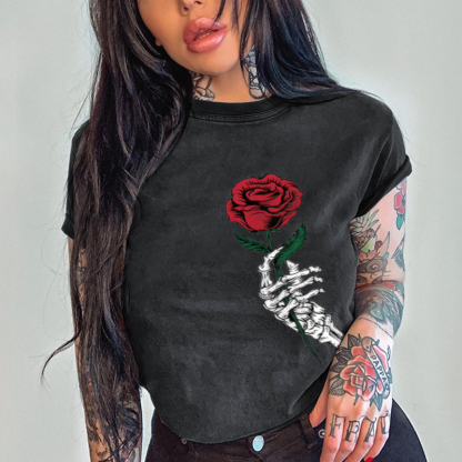 Vintage Rose Skull Printing T-shirt