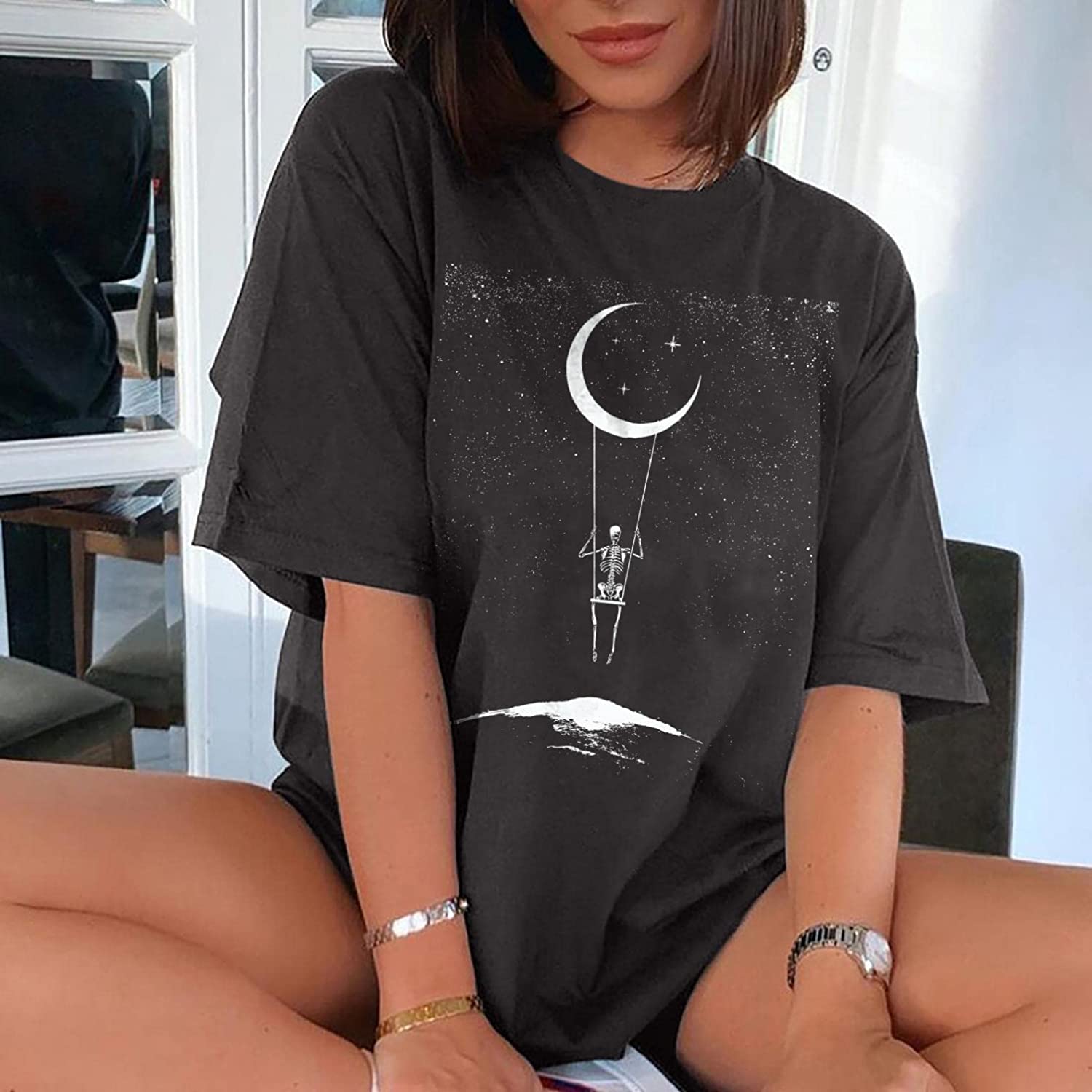 Vintage Casual Moon&Skull Print Loose T-Shirt