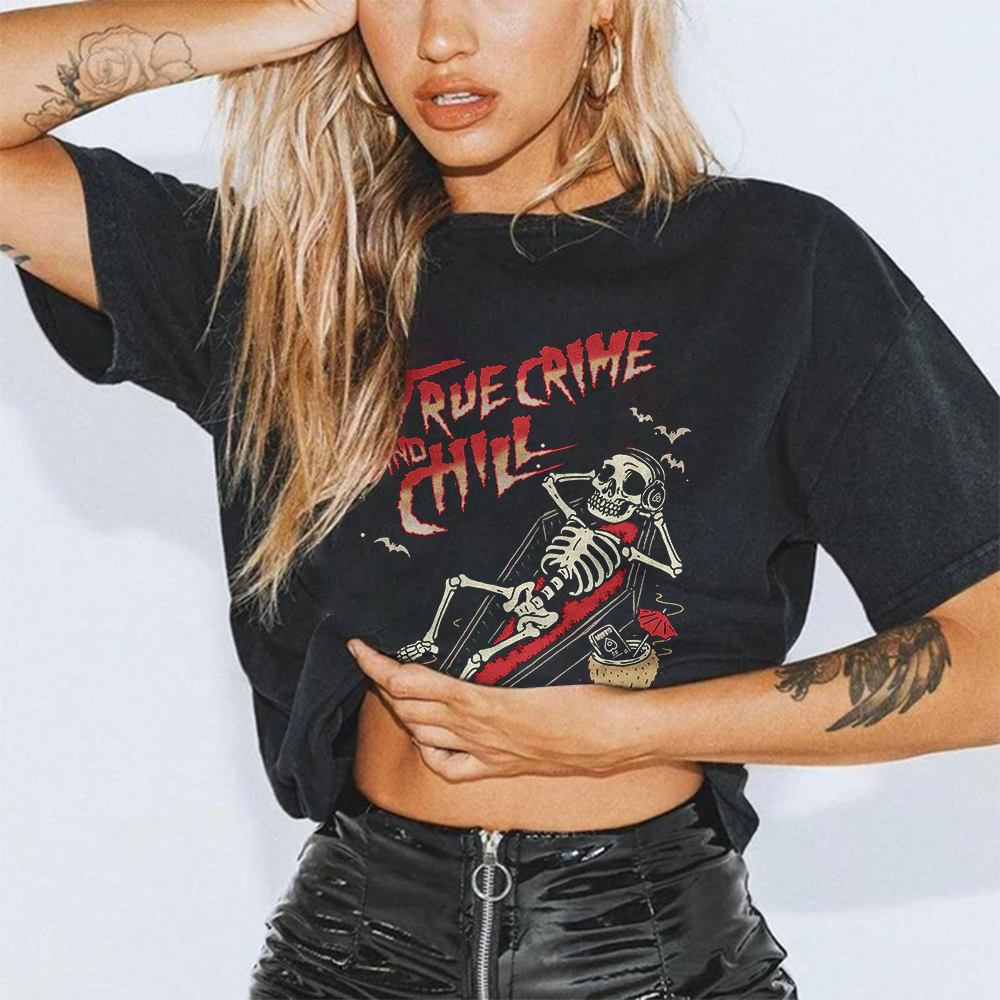 True Crime and Chill Skull Printed T-Shirt